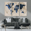 Vintage Blue World Map Canvas Wall Art – Antique Style