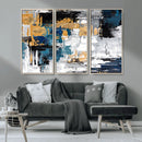 Blue and Gold Abstract Canvas Wall Art – Triptych Modern