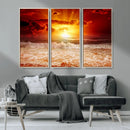 Red Sunset Ocean Beach Canvas Wall Art Beach Canvas, Coastal