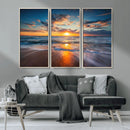 Sunset on the Ocean Beach with Waves, Reflections on Sand,
