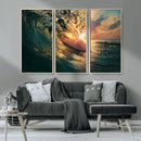 Ocean Wave Sunset Canvas Wall Art – Triptych Seascape Print