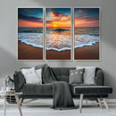 Sunset Beach Canvas Wall Art – Colorful Ocean Waves Triptych