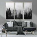 Foggy Black and White Forest Canvas Wall Art, 3 Panel Misty