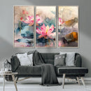 Lotus Flower Wall Art | 3-Panel Giclee Canvas Print of Pink