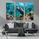 Sea Turtle and Coral Reef Triptych Wall Art – Vibrant