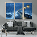 Stormy Ocean Pier Lights Canvas Wall Art Print - Large Moody