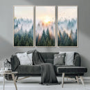 Misty Pine Forest Wall Art Canvas, Sunrise Over Foggy Trees