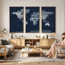 Blue Detailed World Map Wall Art Canvas Print, Modern Framed