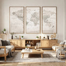 Antique Style World Map Canvas Print - Vintage Detailed