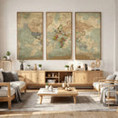 World Map Wall Art Canvas Print, Rustic Map Print, Framed