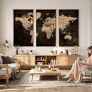 Brown World Map Canvas Print – Modern Travel Map Wall Art,