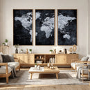Black World Map Canvas Print – Detailed Map for Couples and