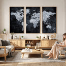 Black World Map Canvas Print – Detailed Map for Couples and