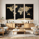 Beige World Map Canvas Wall Art Print, Minimal Black and