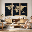 Dark World Map Canvas Wall Art Print, Minimal Black and Gold
