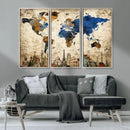 World Map Canvas Print – Vintage Blue and Gold World Map