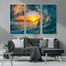 Ocean Wave Sunset Wall Art | Large Coastal Wave Canvas Print