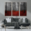 Red Forest Floor Canvas Wall Art – Mystical Foggy Woodland