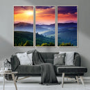 Beautiful Sunset over Hills Forest Landscape Canvas Wall Art