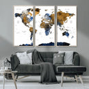 Modern Abstract World Map Canvas Wall Art – Framed Blue and