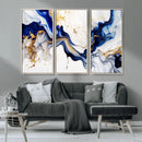 Golden Cascades on Midnight Blue – Deep Blue Abstract Wall