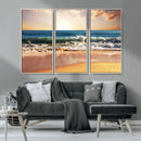 Sunset Beach Wall Art - 3-Panel Framed Canvas Print, Ready
