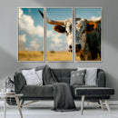 Longhorn in the Prairie - Stunning Ranch-Style Triptych Wall