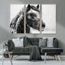 Winter Horse Canvas Print | Large 3-Panel Black White Equine