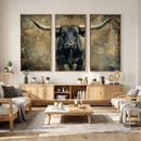 Texas Longhorn Bull Wall Art – Framed Rustic Cow Canvas
