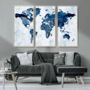 Modern Blue World Map Canvas Print – Framed Wall Art,