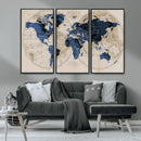 Vintage Blue World Map Canvas Wall Art – Antique Style