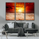 Red Sunset Ocean Beach Canvas Wall Art Beach Canvas, Coastal