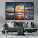 Sunset on the Ocean Beach with Waves, Reflections on Sand,