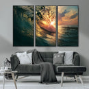 Ocean Wave Sunset Canvas Wall Art – Triptych Seascape Print