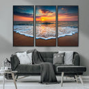 Sunset Beach Canvas Wall Art – Colorful Ocean Waves Triptych