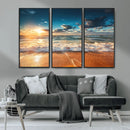 Golden Sunset Beach Triptych Canvas Art, Giclee Coastal Wall