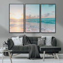 Tranquil Ocean Beach Sunset Canvas Wall Art | 3-Panel