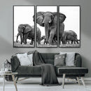 Black White Elephant Family Wall Art Canvas Print