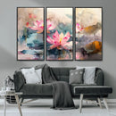 Lotus Flower Wall Art | 3-Panel Giclee Canvas Print of Pink