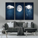 Dark Blue Cloud Art, 3 Piece Indigo Blue Wall Art, Aesthetic
