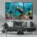 Sea Turtle and Coral Reef Triptych Wall Art – Vibrant