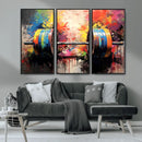 Weightlifting Barbell Art Triptych, Bold Abstract Fitness