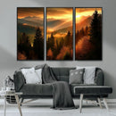 Golden Sunset Over Mountain Forest Canvas Wall Art Print -