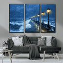 Stormy Ocean Pier Lights Canvas Wall Art Print - Large Moody