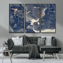 Large Abstract Blue and Gold Canvas Wall Art Fluid Ink