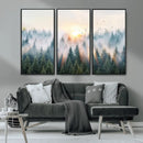 Misty Pine Forest Wall Art Canvas, Sunrise Over Foggy Trees