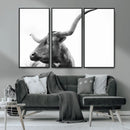Longhorn Wall Art Canvas Print – Framed Monochrome Ranch Cow