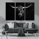 Texas Longhorn Wall Art Canvas Print – Framed Monochrome