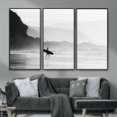 Surfer Beach Wall Art – Framed Black White Ocean Canvas