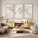 Antique Style World Map Canvas Print - Vintage Detailed
